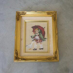 1990s Vintage - Hudemas Needlepoint Canvas "Girl w/ Umbrella And Goose"